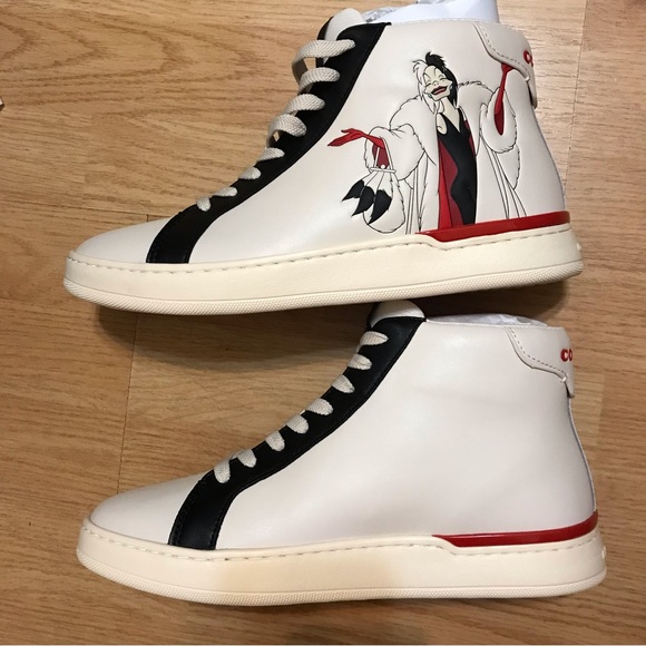 🥰 Disney X Coach Clip High Top Sneaker Cruella Motif Women - Picture 6 of 9